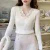 Nuevo Suéter de Punto Coreano Suave y Dulce para Mujer Otoño/Invierno 2026, Cuello en V, Encaje Patchwork, Botones, Manga Larga