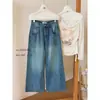 JEANS OFICIALES de Nuevo Otoño Estilo Coreano para el Trabajo de Tiro Alto Lavados de Pierna Ancha con Bordado en Bolsillo Trasero 50538