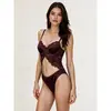Conjunto de lencería bodysuit sexy con encaje floral europeo y americano, con pantalón a juego, lujo ligero, deseo puro, push-up, sin espalda 142