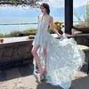 Vestido Largo de Sirena con Escote Halter, Estilo Nuevo Elegante, Cintura Alta Adelgazante, Patchwork, para Mujer, en Azul y Albaricoque