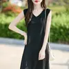 Vestido de Tricô Suspensório Gola V Lã Penteada Novo Verão 2025 Feminino Sem Mangas Cor Lisa Cintura Alta Saia Midi