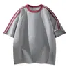 Camiseta Redonda Color Block Estilo Americano Cool Streetwear para Homens, Verão Alta Qualidade Solta Casual Respirável Versátil Manga Curta