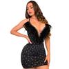 Vestido sexy K3178 Europeu e Americano com strass e pena, decote V, costas abertas, justo no quadril