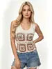 Colete de crochê para férias de verão, colete floral de crochê estilo granny square vintage para mulheres, top sem mangas com decote V vazado estilo étnico