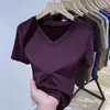 Camiseta de manga corta con cuello en V de modal para mujer, camiseta ajustada, top pequeño, estilo occidental, camiseta moderna de color liso que combina con todo.