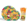 Decoración para Fiesta de Cumpleaños de Hoja de Palmera Tiki Hawaiano Vaso de Papel Desechable Plato de Papel Servilleta Cuchillo, Tenedor y Cuchara Suministros de Vajilla