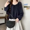 Blusa de encaje con cordones, manga larga, estilo nuevo, con volantes, forma de capullo, para mujer, top holgado y adelgazante