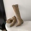 Botas de Caballero Retro para Mujer Punta Fina Marrón Estilo Maillard Wasteland Botas de Tacón Cuadrado Botas Largas de Piel Genuina Botas Altas Arrugadas