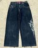 Jeans de Estilo Callejero para Comercio Electrónico Transfronterizo Y2K Harajuku Hip-Hop Estampado de Letras Retro Azul Holgados de Cintura Media Pierna Ancha Venta al por Mayor
