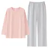 Pijama para Mujer Primavera y Otoño Algodón Puro Pantalón de Manga Larga Otoño Estilo Simple Holgado Color Sólido Conjunto de Ropa para el Hogar para Mujer