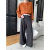 SINAN Nova Chegada Outono Mistura de Algodão Tencel Estilo Simples para o Trabalho Cintura Alta Calças Casuais de Perna Larga Plissadas SN9393