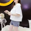 Camiseta Curta com Capuz Manga Curta Cor Sólida 100% Algodão Feminina Verão Nova Estilo Coreano Tamanho Grande Solta Versátil Doce e Picante Top