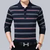 Camiseta de manga larga para hombre de primavera y otoño, holgada, con solapa, a rayas, para usar debajo, bolsillo real, talla grande, top casual para hombre