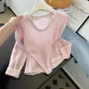 Suéter de Punto con Retazos de Encaje Rosa Dulce Estilo Coreano Hecho a Medida de Fábrica 2026 Principios de Primavera para Mujer Camiseta Base Suave
