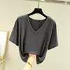 Camiseta de mujer de manga corta de modal, nuevo estilo de verano, talla grande, cuello en V, corte holgado, adelgazante, color liso, top estilo coreano