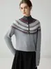 Nueva colección de otoño e invierno: suéter de cachemira pura para mujer, con un diseño de patrón Fair Isle, más grueso, de medio botón y cuello alto, y un tejido cálido con capa interior