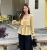 Outono 2026 Novidades Plus Size Feminina Estilo Francês Gola Quadrada Vazada Manga Longa Blusa com Babados Fina