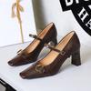 8293-1 Zapatos de tacón alto estilo europeo y americano para mujer, punta cuadrada, boca baja, tacón grueso, tacones altos, hebilla de cinturón metálica, zapatos de mujer
