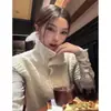 "Espuma de Leche de Avena" Chaleco de Punto de Lana con Bucle Texturizado de Cuello Alto Estilo Coreano para Mujer, Chaleco de Abrigo de Capa de Moda