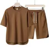 Conjunto Casual de Moda de Verão de Alta Qualidade para Jovens com Manga Curta: Conjunto de Duas Peças: Shorts de Moda com Barra Curva e Camiseta de Manga Curta