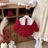 Macacão de Bebê Outono e Inverno Veludo Engrossado Menina Vermelho Estilo Chinês Vestido de Um Ano Roupas de Ano Novo