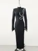 Vestido de Noite Feminino Preto com Pedrarias, Estilo Europeu e Americano para Comércio Exterior, Traje de Banquete de Alto Padrão, Vestido Bodycon de Manga Longa para Inverno