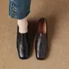 Sapatilhas Quadradas Retrô Marrons Francesas para Mulheres, Slip-Ons de Malha Elástica de Boca Profunda Estilo Britânico, Sapatos Pequenos de Couro, Sapatos de Salto Baixo para Mulheres