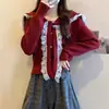 Suéter Azul Marino con Cuello Suave para Mujer, Otoño/Invierno 2026, Diseño Dulce de Encaje en Patchwork, Cárdigan de Moda y Adelgazante