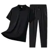 Conjunto Esportivo de Seda de Gelo de Alta Qualidade Estilo Pai para Homens, Roupa Casual de Verão com Manga Curta para Homens de Meia-Idade e Idosos