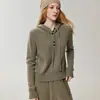 Ropa casual ~ suéter de cachemira con capucha para mujer de punto de canalé vertical, cierre de media botonadura, prenda base de punto, capucha con cordón