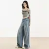 Jeans Larga de Alta Qualidade Azul Escuro com Estampa de Fogos de Artifício e Design Desgastado para Mulheres, Novo Modelo para 2025