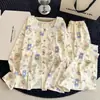 [Algodón nube de alta calidad] Conjunto de pijama largo de manga larga, cuello redondo, con ribete de encaje, talla grande para mujer, adecuado para usar como ropa de estar