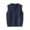 Otoño e Invierno Nueva Moda Coreana Estilo Preppy Cuello Bordado de Caballo Chaleco Tejido Retorcido Azul Marino Talla Única Blanco