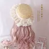 Lolita artesanal original elegante chapéu de palha cor natural cla margarida renda laço chapéu de palha flor casamento chapéu de sol