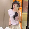 Esas Cosas Camiseta de Punto Trenzado Fina de Manga Corta Bordada de Seda Hielo para Mujer, Top Corto de Verano para Mujeres Pequeñas con Hombros Normales