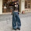 Jeans retro lavados de pierna ancha con cordón para mujer, nuevos de cintura alta, estilo holgado de ropa de trabajo, pantalones largos adelgazantes