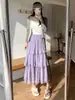 Saia midi com barra de renda estilo preguiçoso para mulheres, saia fofa em camadas de cintura alta em A, saia midi estilo doce casual e suave