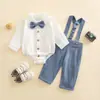 Conjunto de ropa de algodón y lino para niños, camisa de manga larga de caballero y pantalón con tirantes, conjunto casual de dos piezas