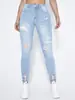 Estilo Europeu e Americano Comércio Transfronteiriço Novo Jeans Skinny Longo Feminino Elástico Rasgado Slim-Fit Calças da Moda Roupa Feminina