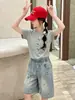 Conjunto de Verano para Niñas Celebridad de Internet Gato Kt Lentejuelas Camiseta de Manga Corta Conjunto de Shorts de Mezclilla Delgados Conjunto de Dos Piezas Moderno para Niños Mayores