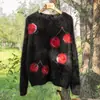 Estilo perezoso, estampado grande de cerezas, suéter de punto para mujer 100% cachemira pura, corte holgado, efecto adelgazante, material grueso