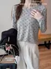 Nueva camiseta base de otoño e invierno para mujer con cuello redondo y flock, de manga larga, moda estilo coreano con diseño degradado, top de punto versátil
