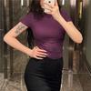 [Venta al por mayor transfronteriza] Camiseta Azul Ajustada de Efecto Adelgazante de Manga Corta Sexy Cuello Alto Medio Elástica Top Camiseta Básica