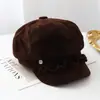 Gorra Octogonal Azul Marino con Volantes de Gamuza Fina para Mujer, Hebilla Metálica Redonda, Gorra de Periodista, Casual Suave y que Afina el Rostro, Otoño e Invierno