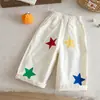 Calças de Algodão Puro de Outono para Meninos e Meninas, Bordado Colorido com Aplique de Estrela de Cinco Pontas, Calças Retas Largas, Calças Casuais Versáteis para Passeios de Bebê