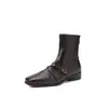 Botines Retro Estilo Old Money Punta Cuadrada Piel Genuina Suave para Mujer Invierno Hebilla Versátil Temperamento Elásticos Adelgazantes Tacón Bajo Grueso