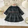 Nuevo Vestido de Cuadros Estilo Coreano para Niñas con Mangas de Encaje para Otoño, Vestido de Princesa a la Moda para Niños Pequeños