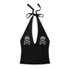 Top de tirantes de verano sexy con letras, calavera y pedrería estilo gótico europeo y americano para chica popular, corte ajustado, corto, top halter vintage