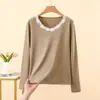 Nuevo Top Básico de Encaje Patchwork de Manga Larga para Mujer Otoño/Invierno 2026, Top Interior de Cuello Redondo, Engrosado Cepillado para Calidez, Ropa de Otoño