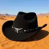 Chapéu Alto Preto Retrô, Chapéu de Cowboy Ocidental Unissex com Acessórios de Cabeça de Vaca, Chapéu de Jazz Estilo Étnico